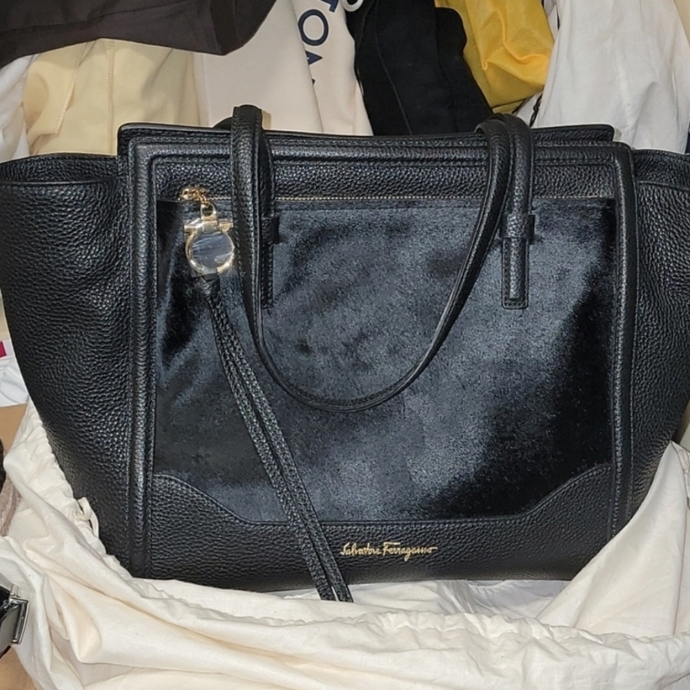 Salvatore Ferragamo black Leather/ CALF hair tote